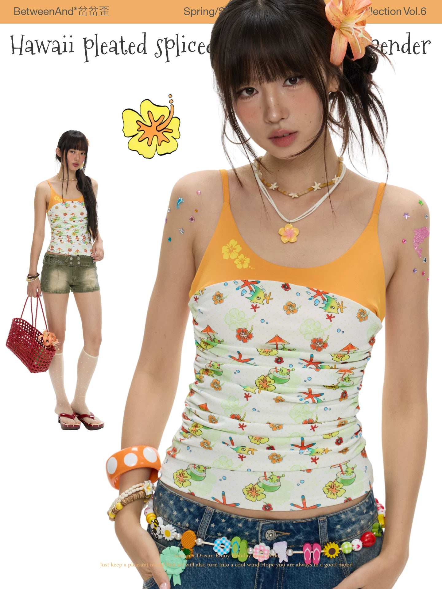 Hawaii pleated spliced contrasting suspender top