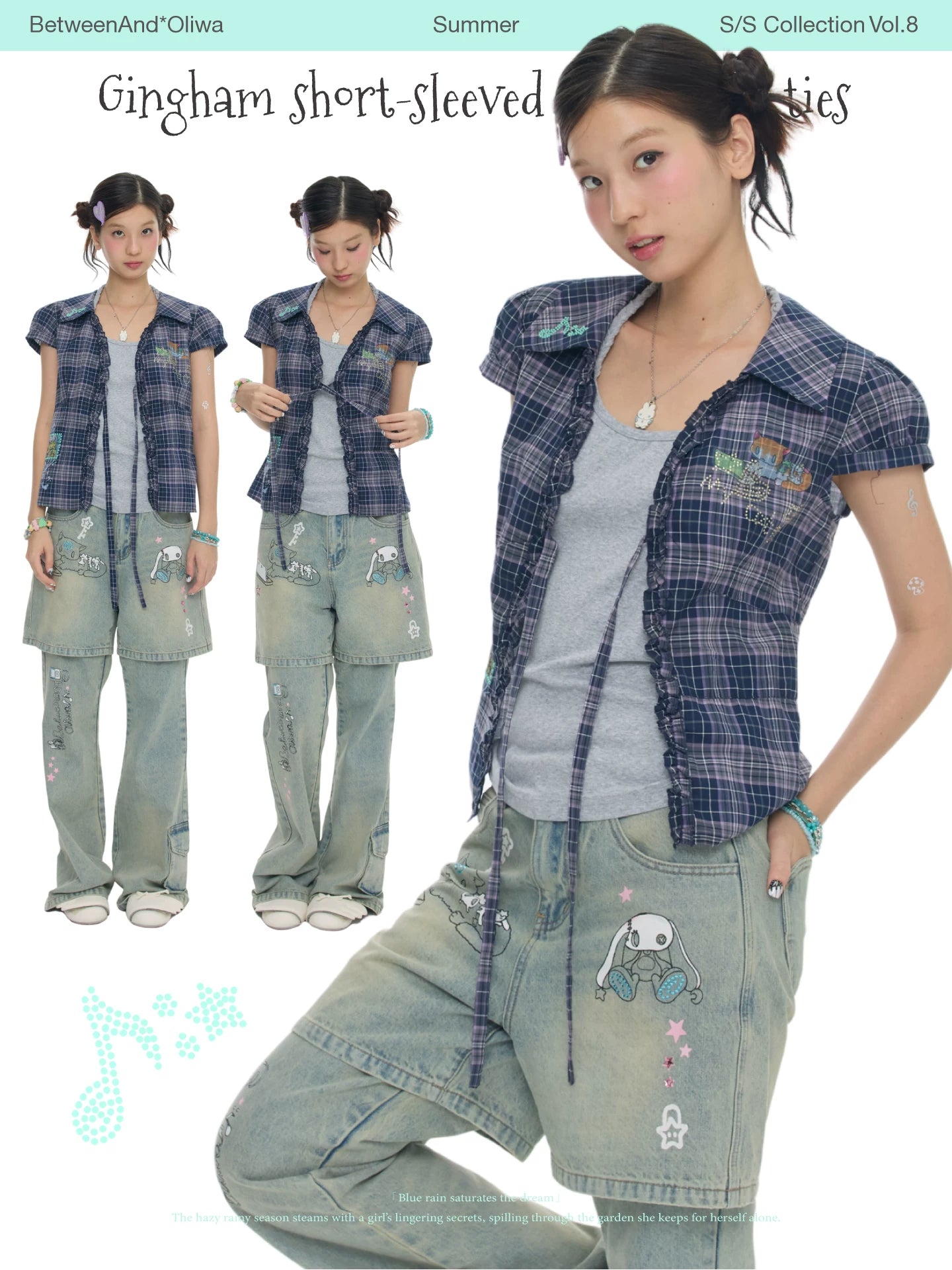 Gingham short-sleeved shirt top with ties