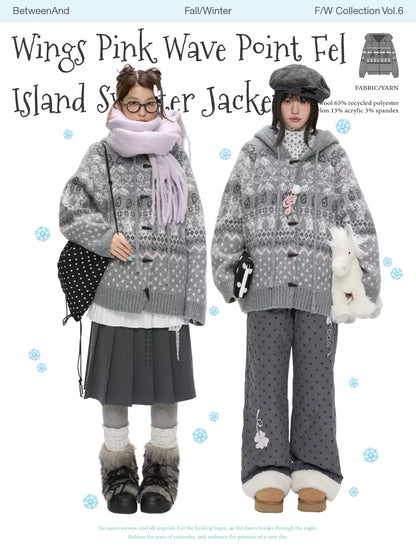 Beige Fair Isle knit cardigan with toggle buttons