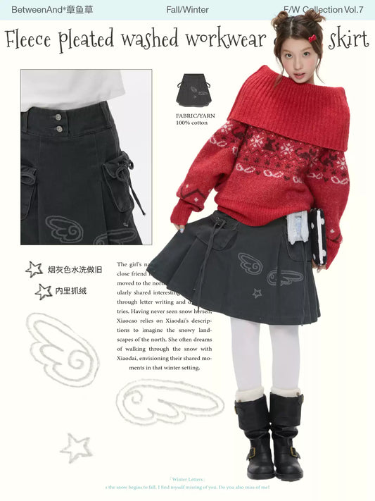 Fleece pleated washed denim skirt