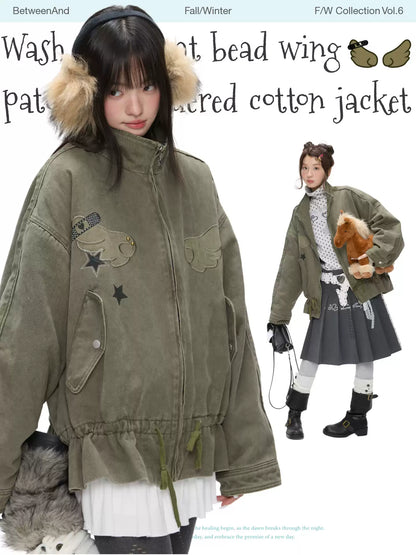 Pickle green rhinestone quilted jacket with slim waist design