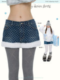Washed and furry high-waisted fleece lined polka dot or plain denim shorts