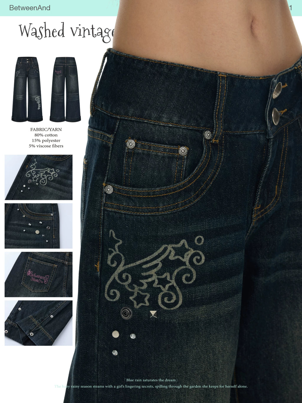 Washed vintage cat whisker denim pants