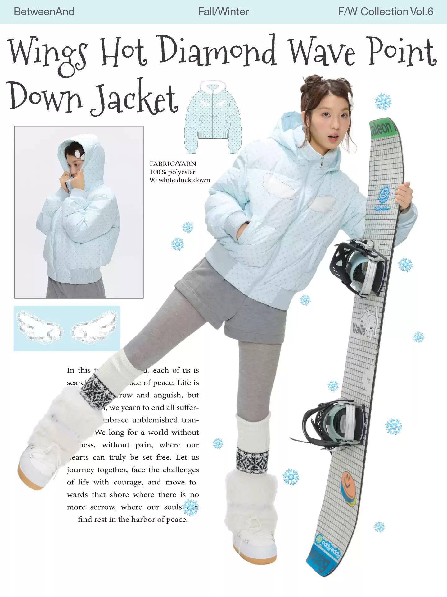 Baby blue polka dot down jacket with hood and warm duck filling