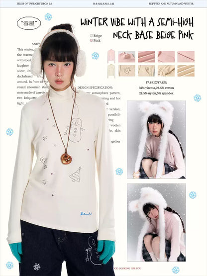 “Winter Creamy Soft” mock-neck fitted long-sleeve base top with rhinestone details