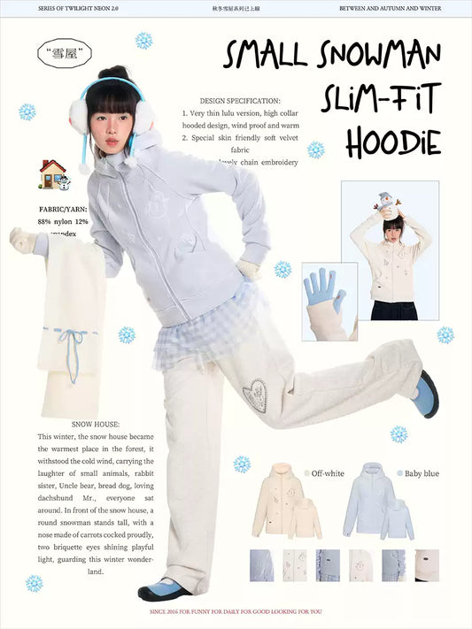 White fleece hoodie with snowman design and windproof fabric