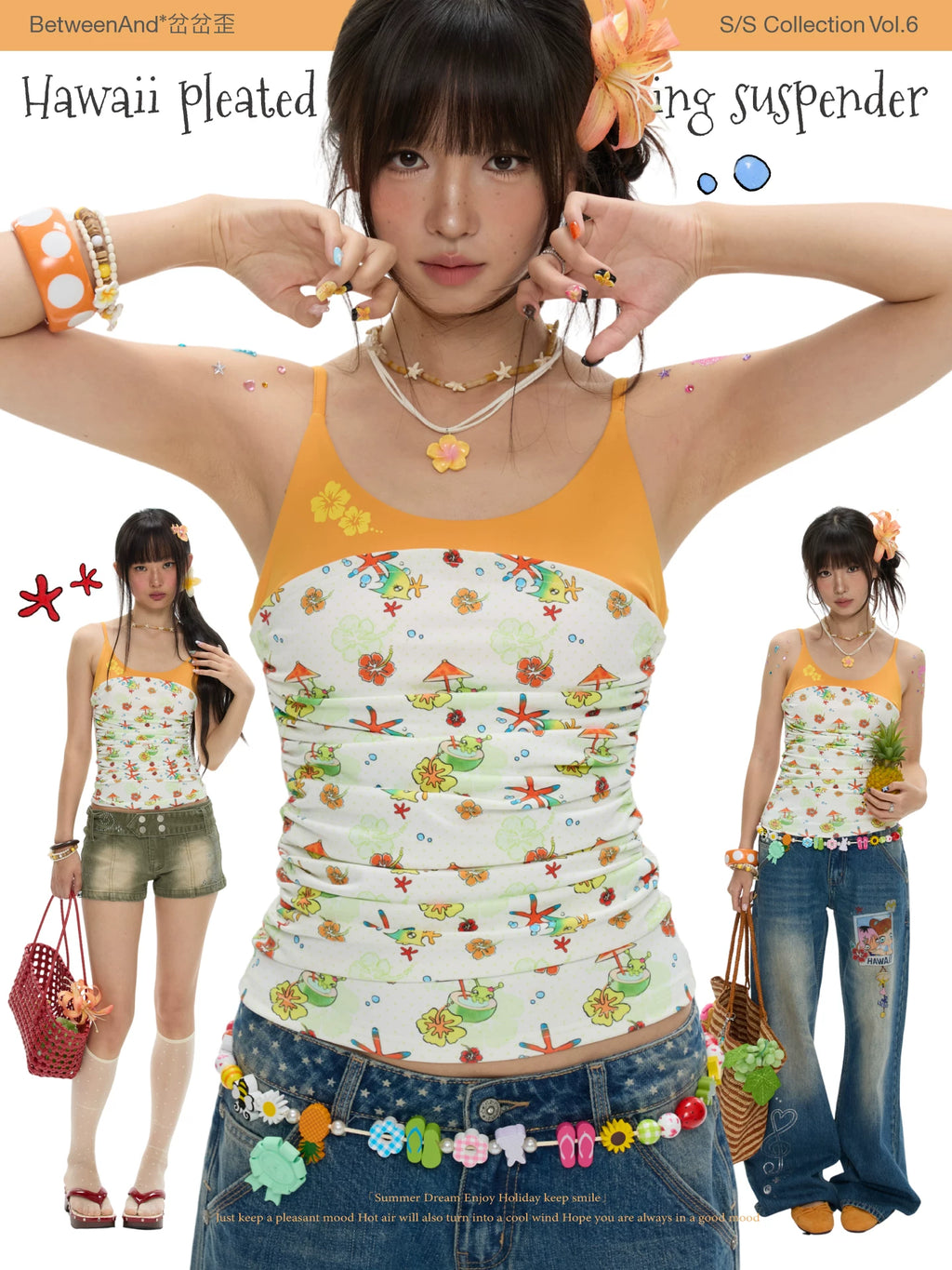 Hawaii pleated spliced contrasting suspender top