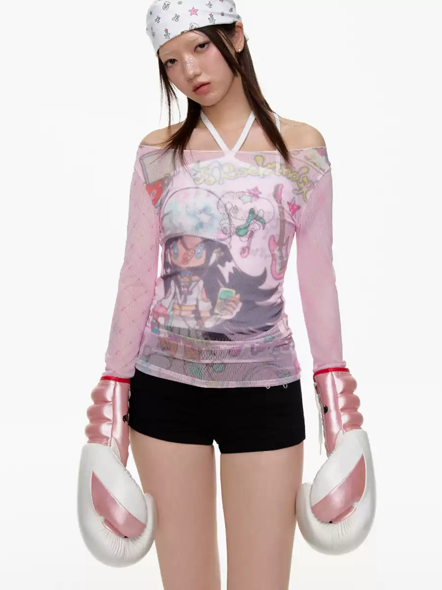 Pink mesh patchwork off shoulder top with Y2K design