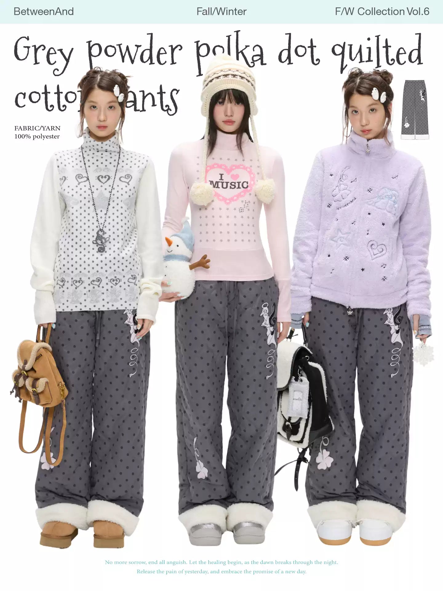 Grey pink quilted winter pants with fleece lining