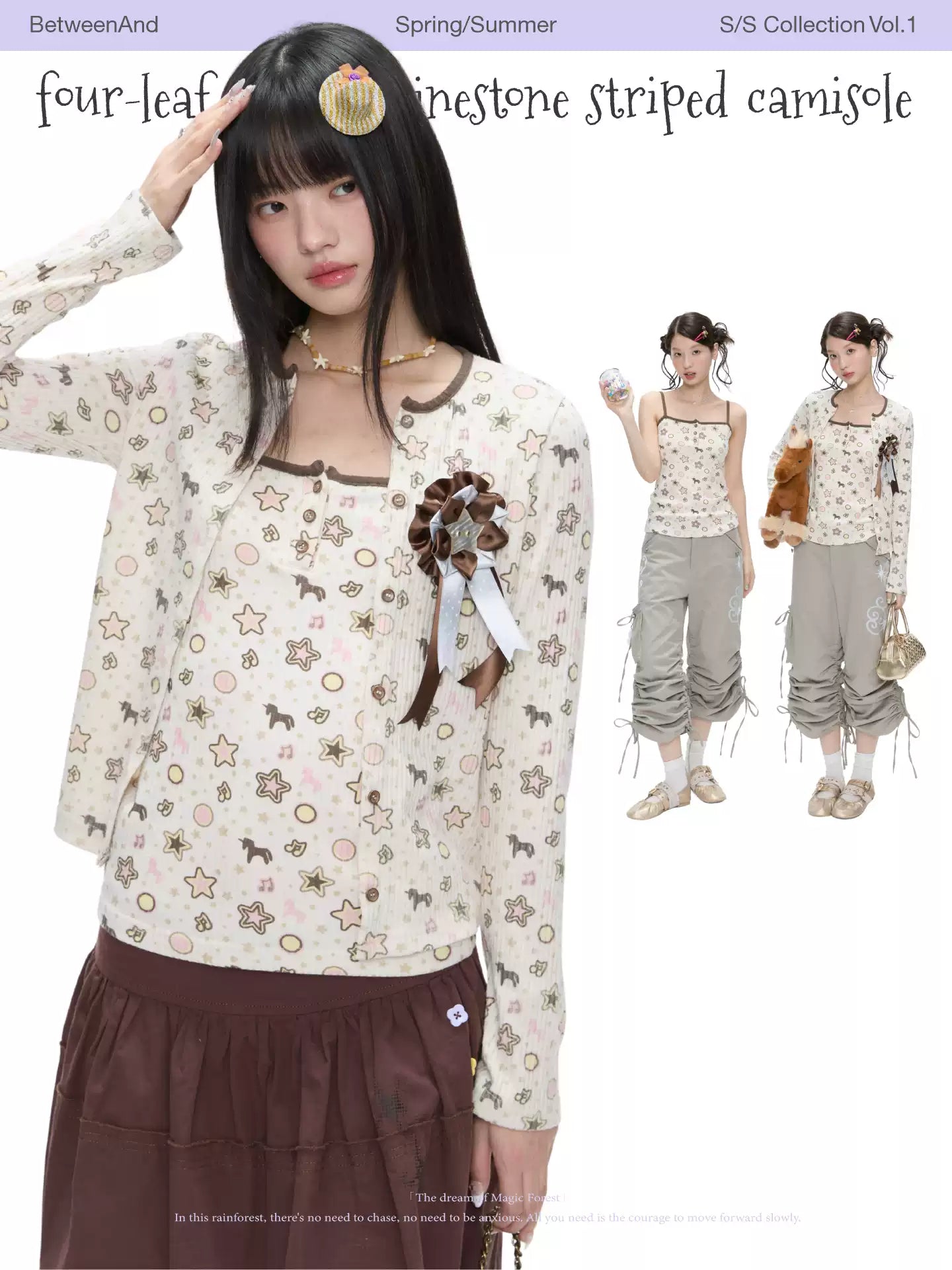 Four-leaf clover rhinestone striped camisole top and cardigan set