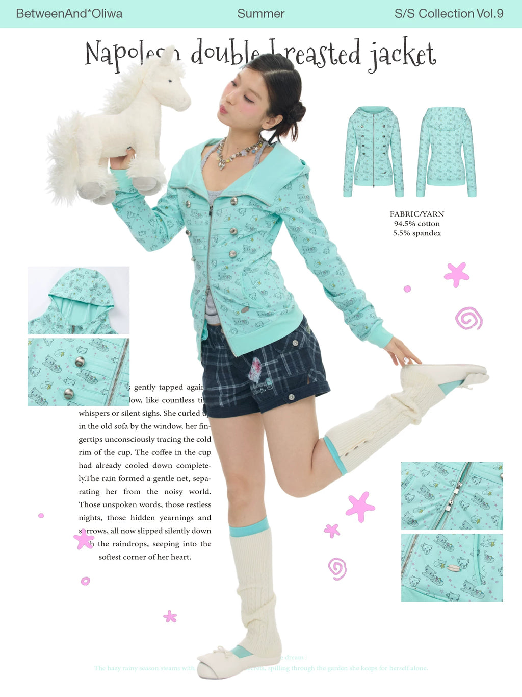 *Oliwa Napoleon double breasted cat print mint green jacket