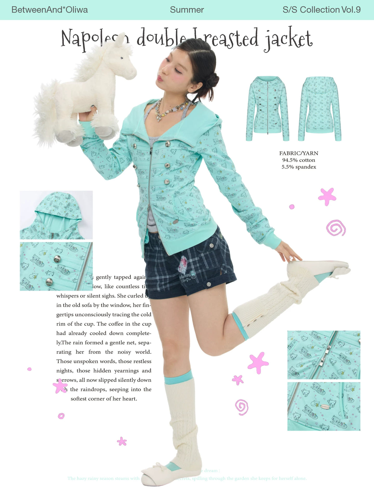 *Oliwa Napoleon double breasted cat print mint green jacket