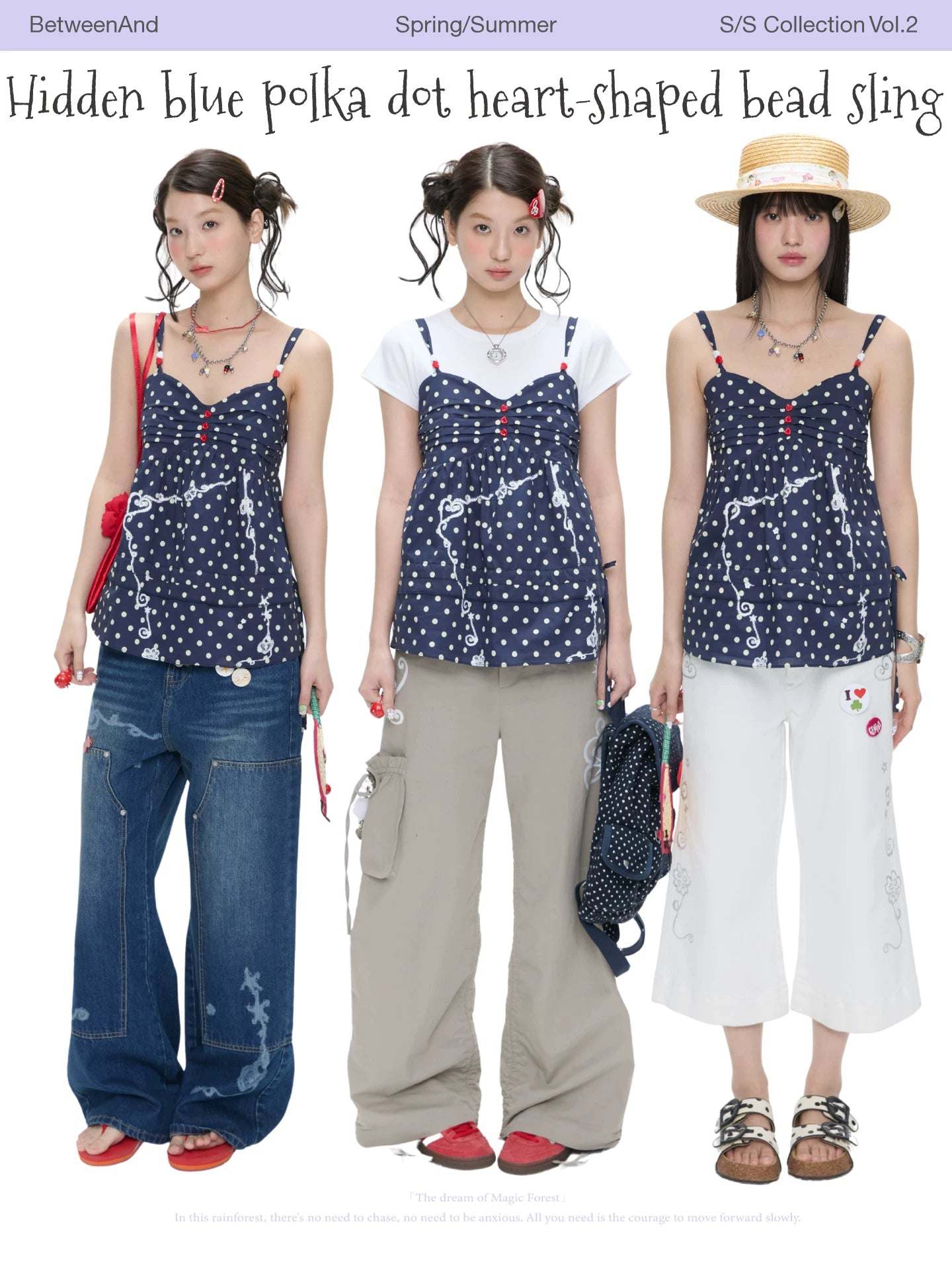 Hidden blue polka dot heart-shaped bead sling tank top
