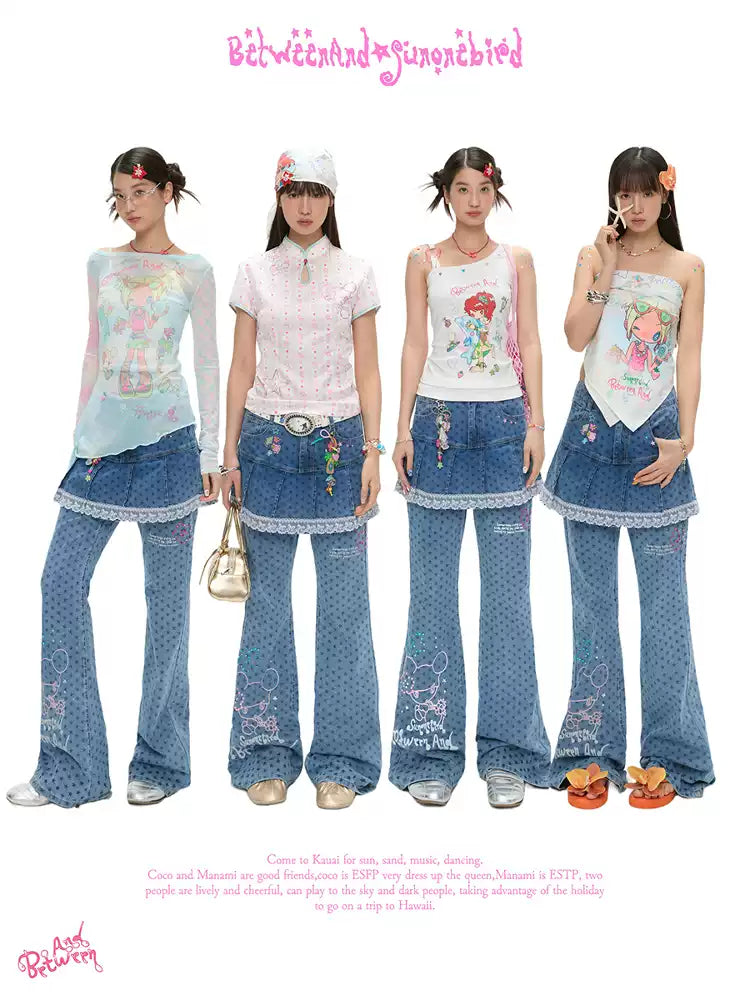 Denim star rhinestone flared skort with glitter two piece design