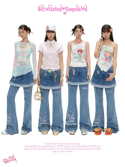 Denim star rhinestone flared skort with glitter two piece design