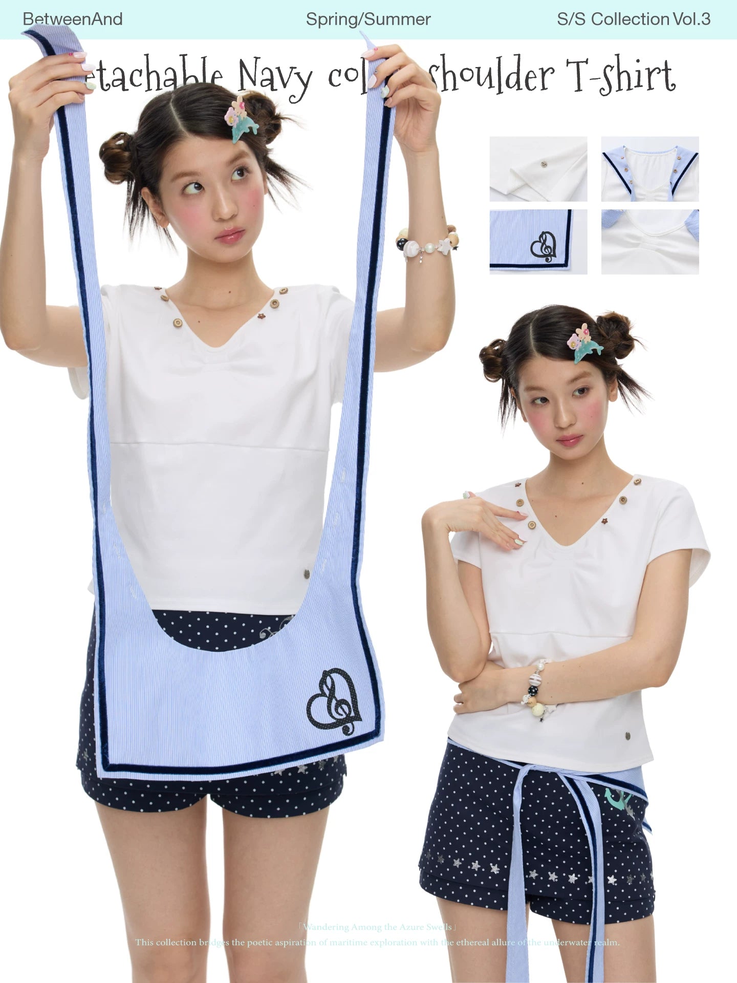 Summer white detachable navy collar button short sleeve top for women