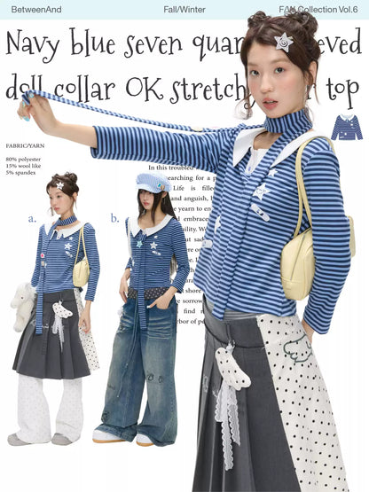 Navy star-pattern puff-sleeve top with peter pan collar