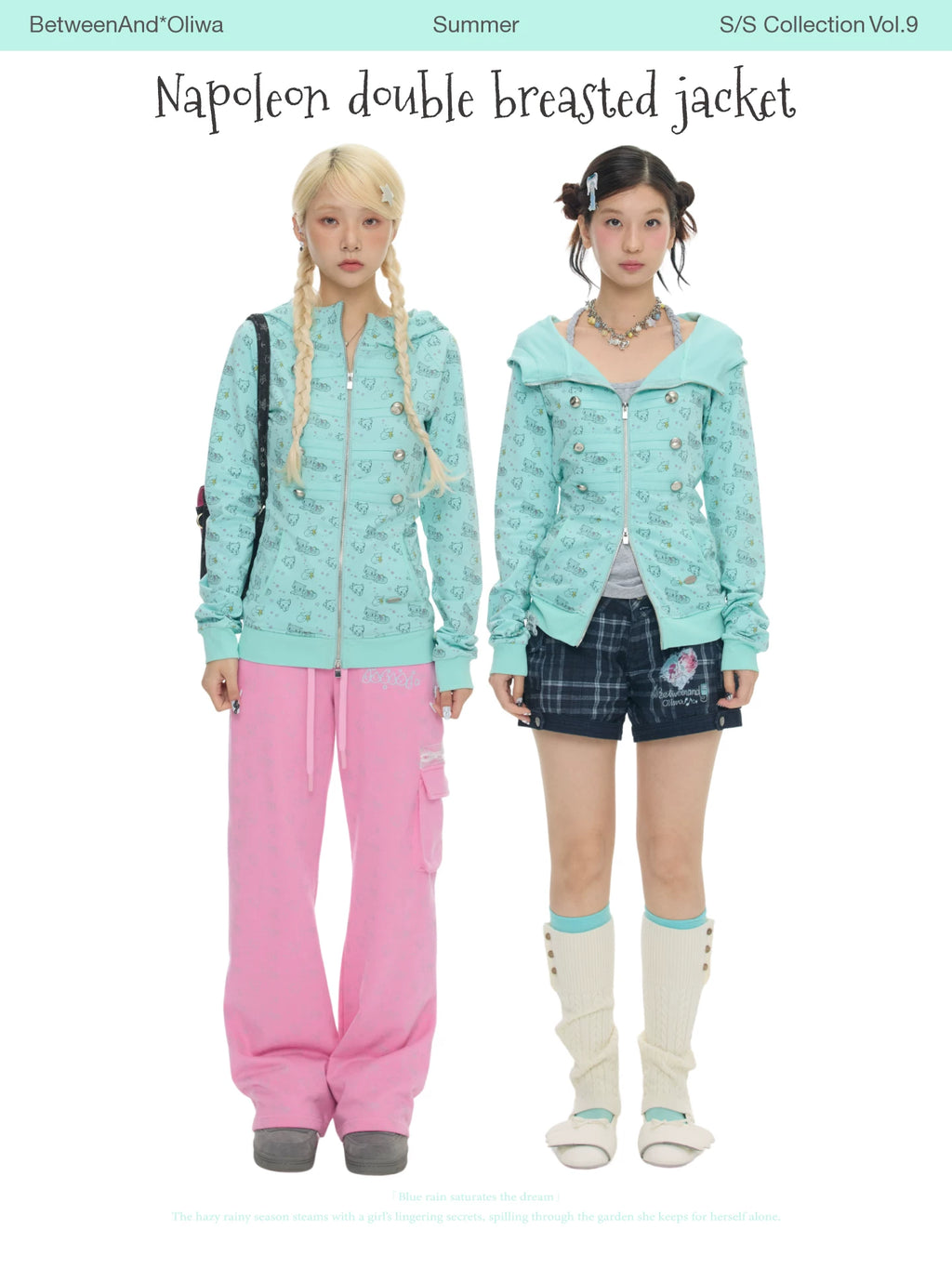 *Oliwa Napoleon double breasted cat print mint green jacket