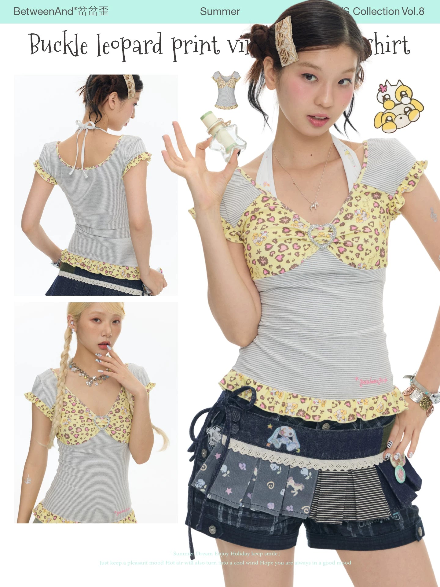 Buckle leopard print vintage lace t-shirt top