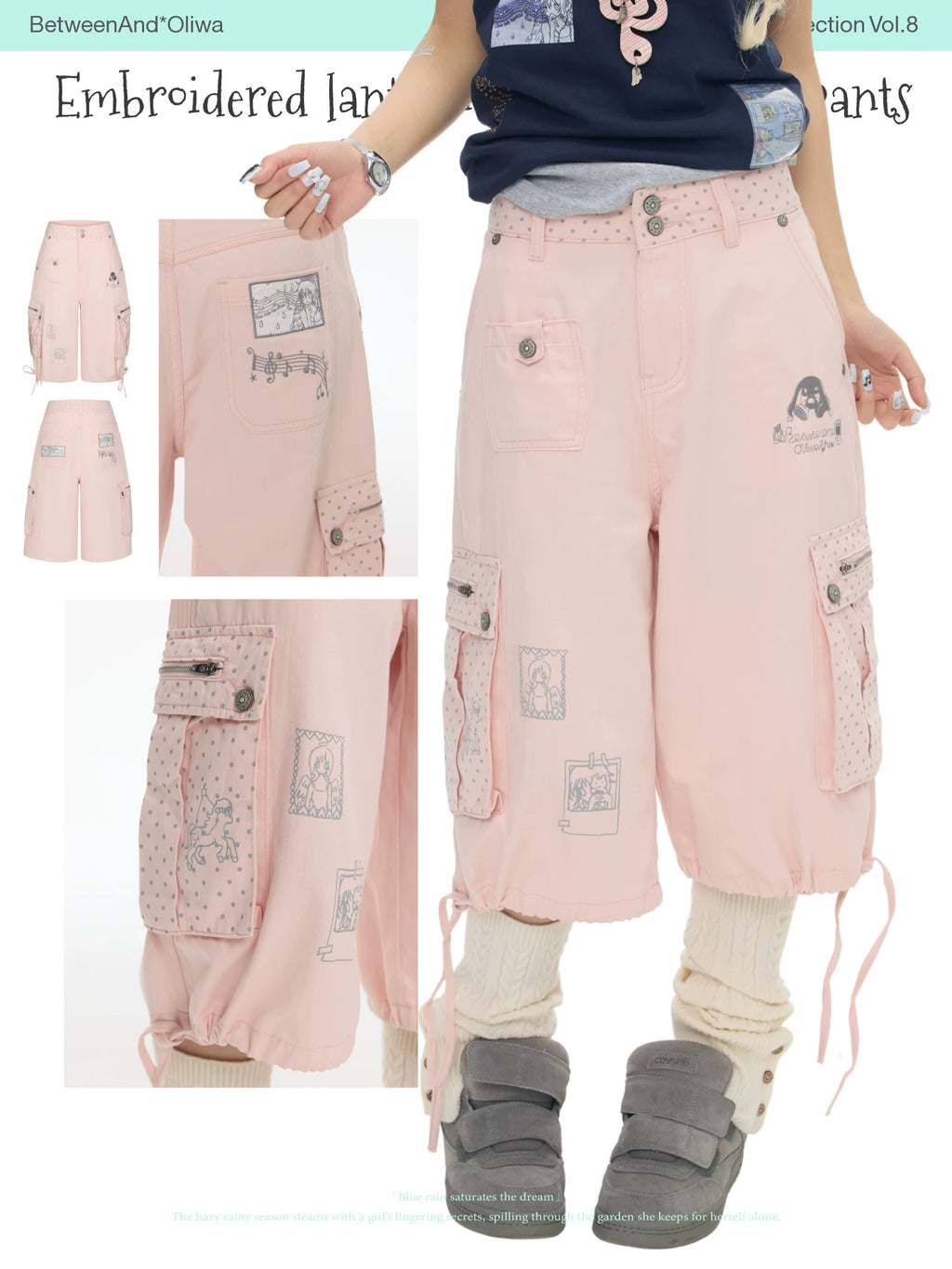 Embroidered lantern denim cropped pants