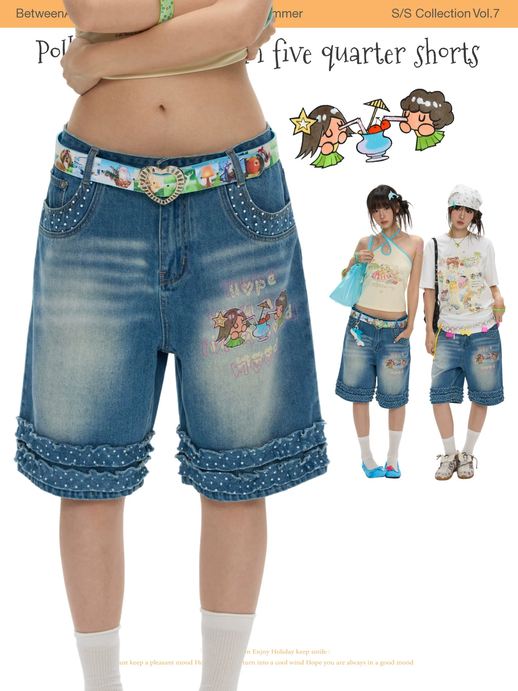 Polka dot lace denim five quarter shorts