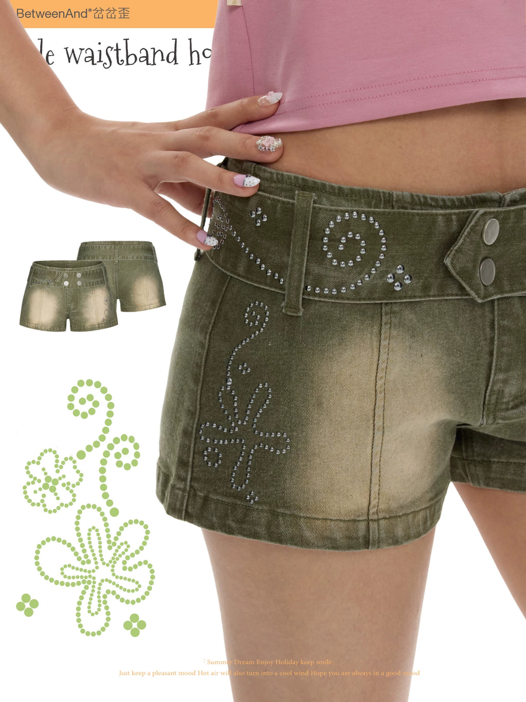 Wide waistband hot bead stretch denim shorts