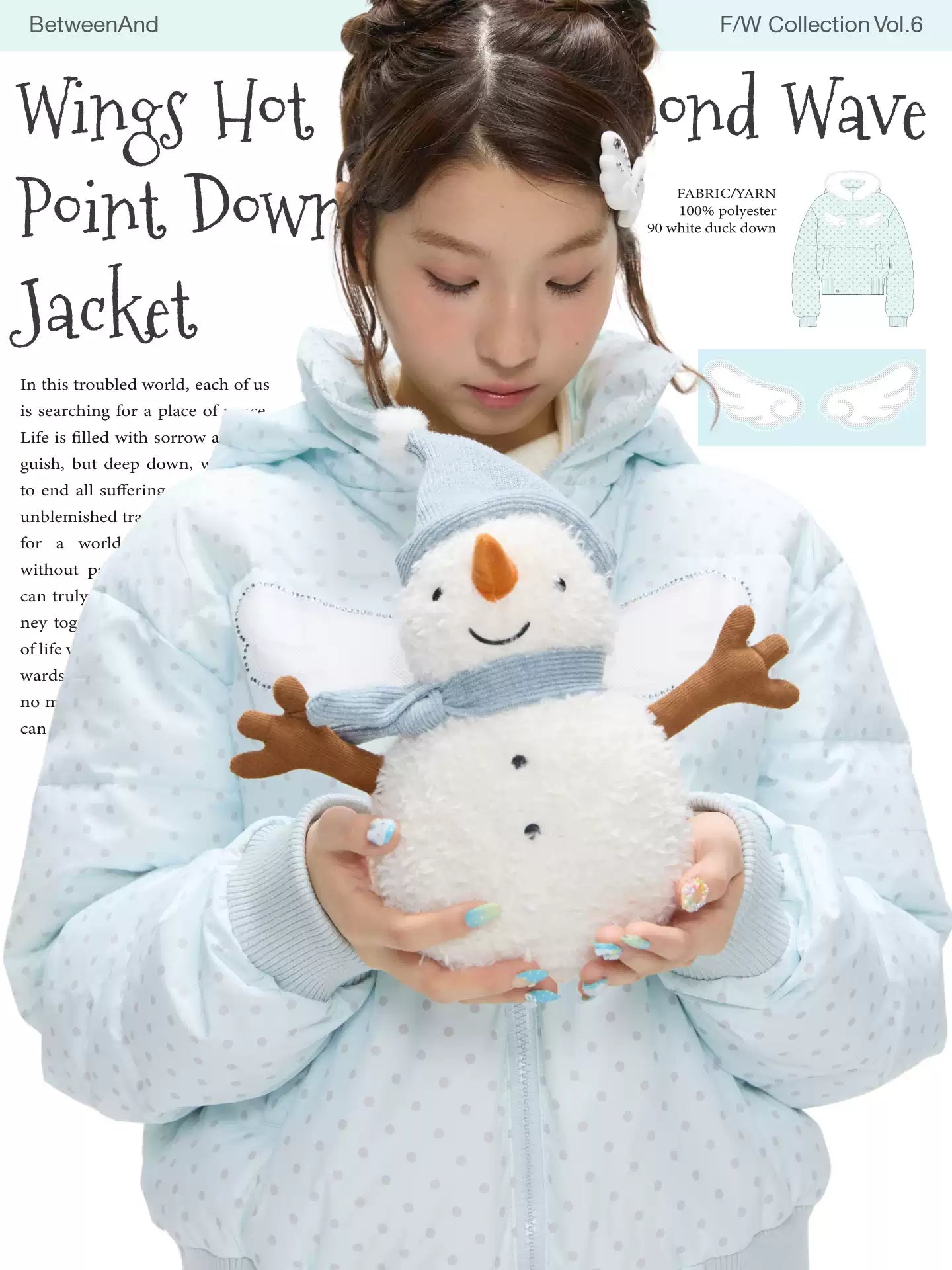Baby blue polka dot down jacket with hood and warm duck filling