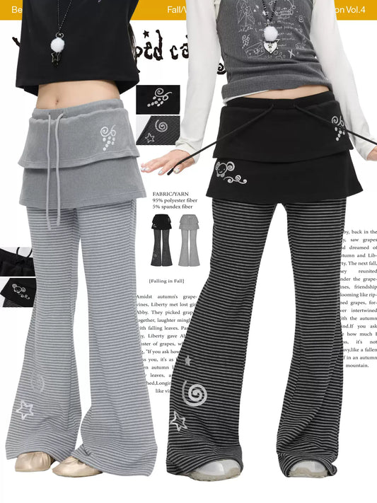 Striped layered flare pants with ruffle skirt design and Y2K style