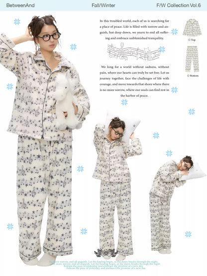 Beige star and music note fleece pajama set