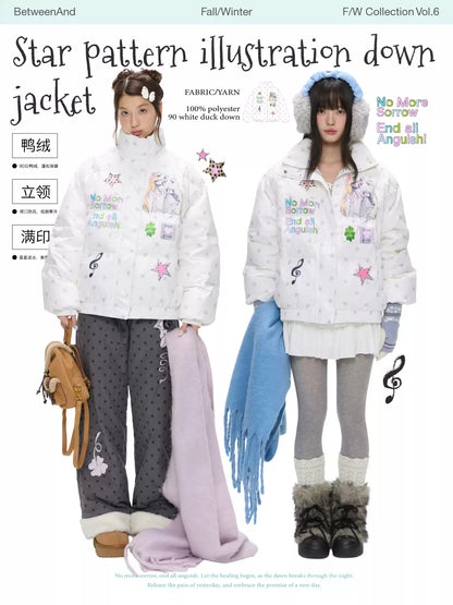 White star print down jacket with 90% duck filling and puffer design