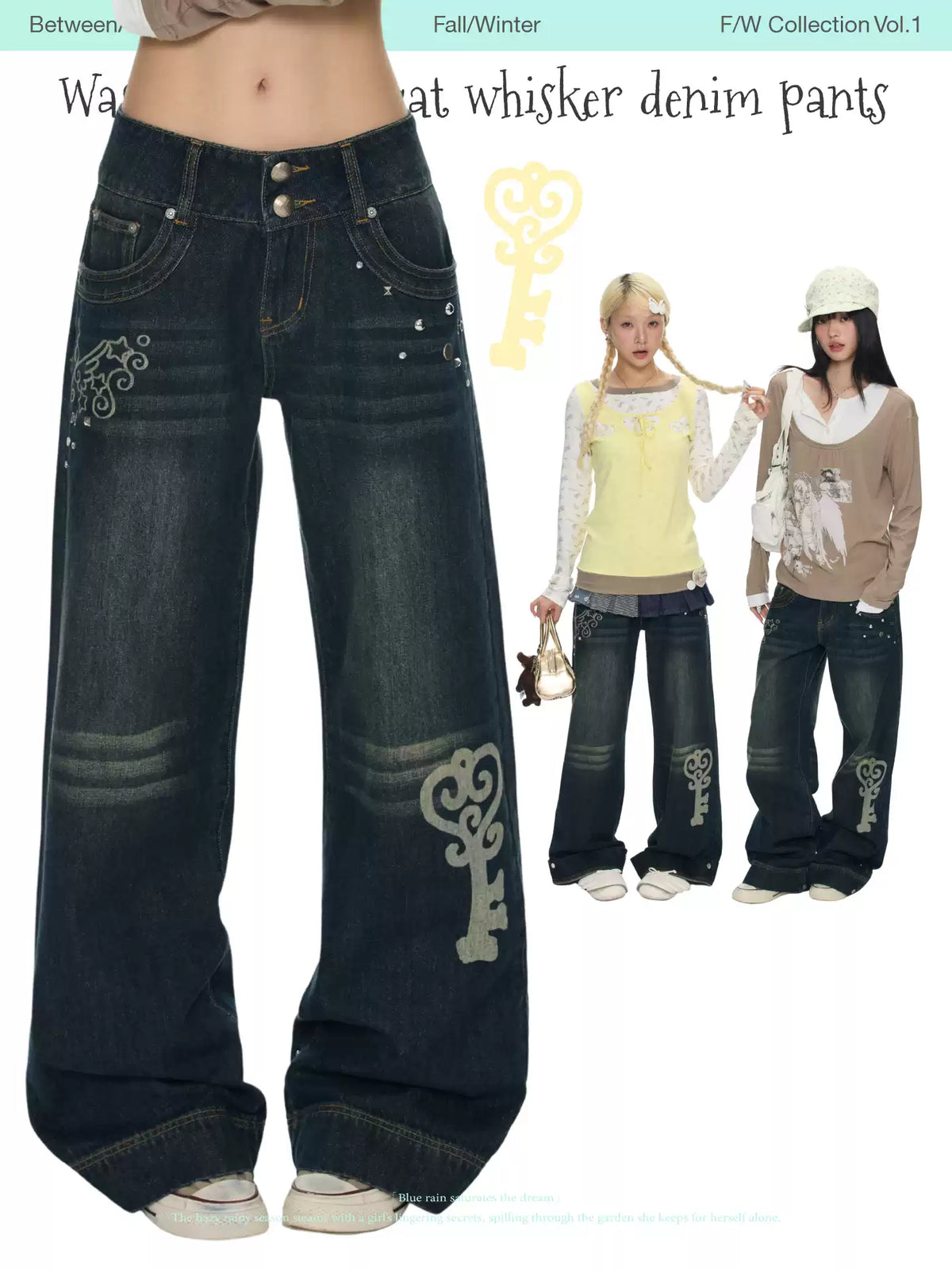 Washed vintage cat whisker denim pants