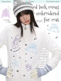 Cream embroidered fleece jacket with soft plush texture