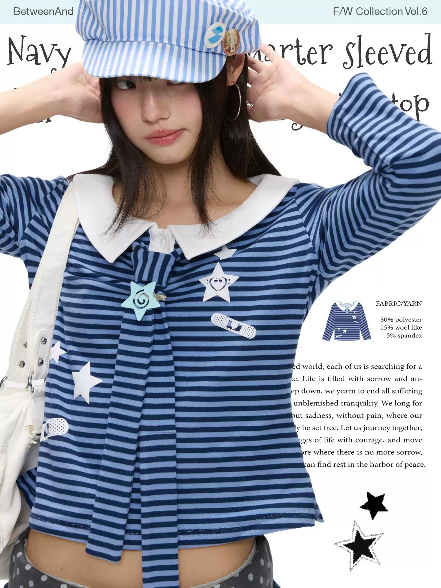 Navy star-pattern puff-sleeve top with peter pan collar