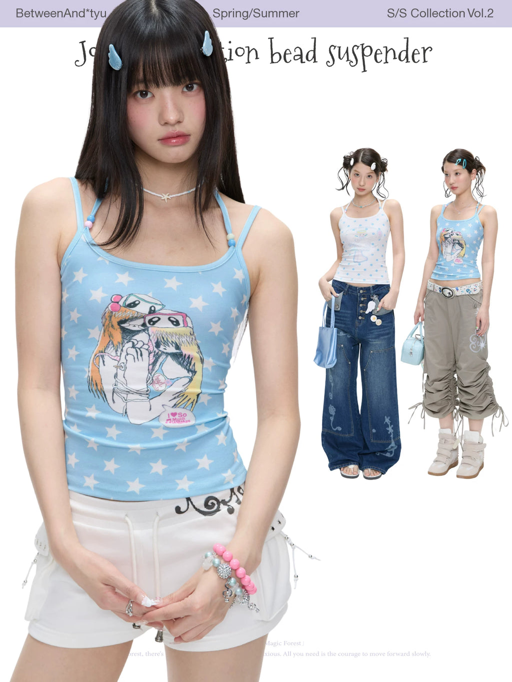 Joint illustration bead suspender tank top