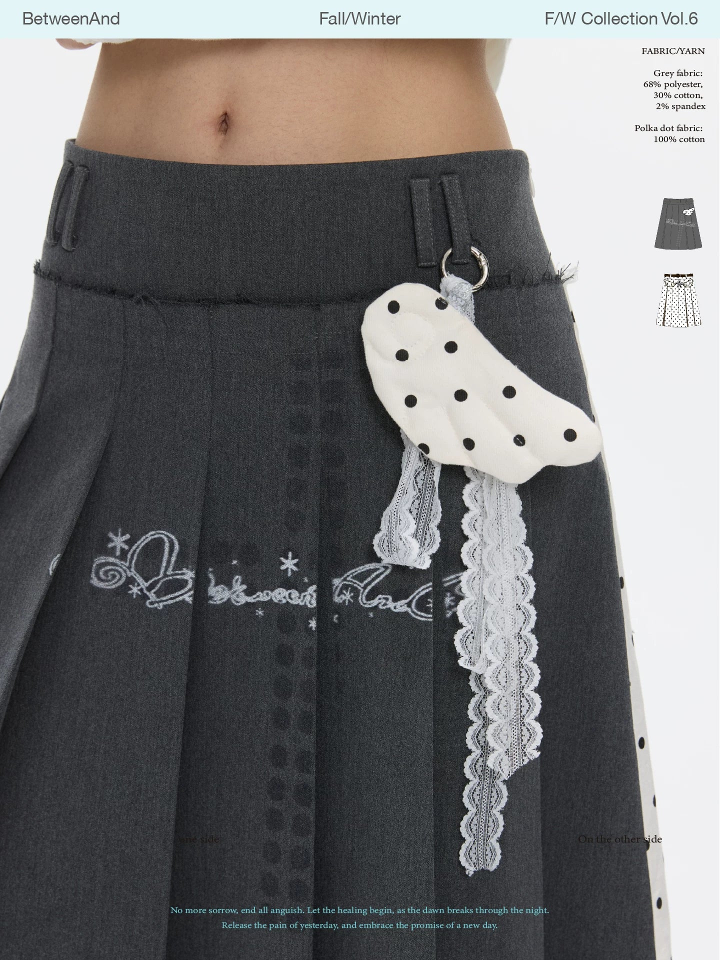 Grey and white two-face pleated skirt with polka-dot panels