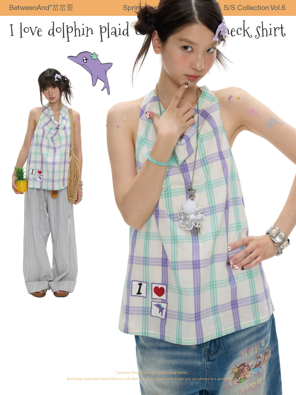 I love dolphins plaid cute hanging neck shirt top