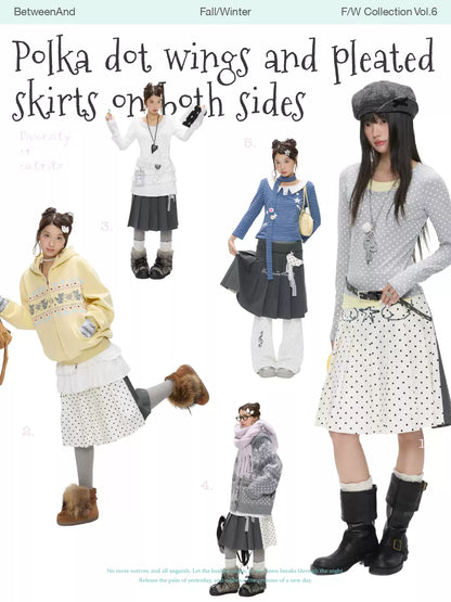 Grey and white reversible pleated skirt with polka-dot panels