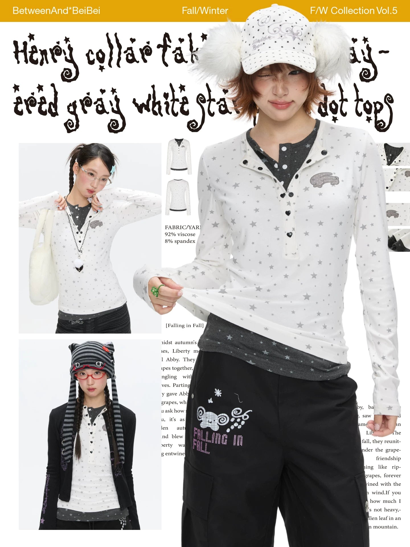 Henry collar fake two piece gray and white star polka dot top