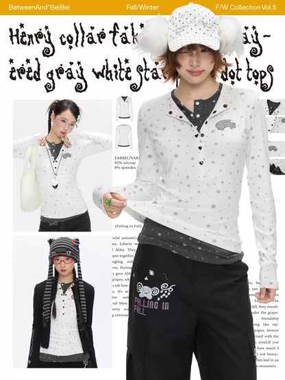 Layered Henley top with grey & white star polka-dot design