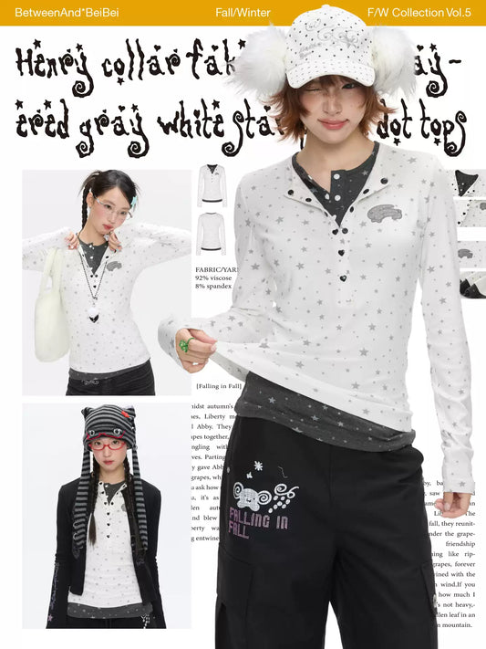Layered Henley top with grey & white star polka-dot design
