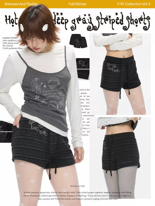 Vintage dark-grey striped rhinestone stretch shorts