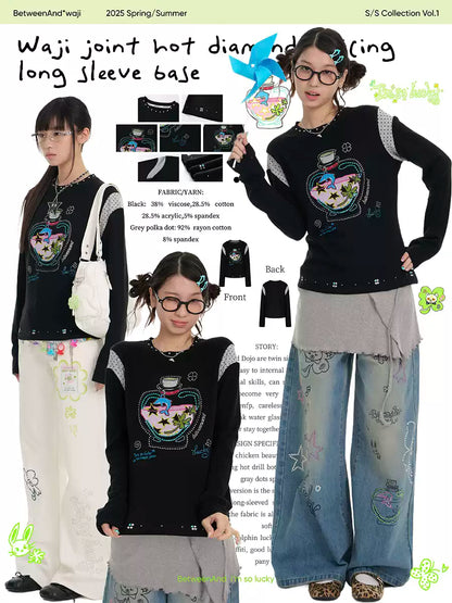 Black dolphin “lucky bottle” rhinestone patchwork long-sleeve tee