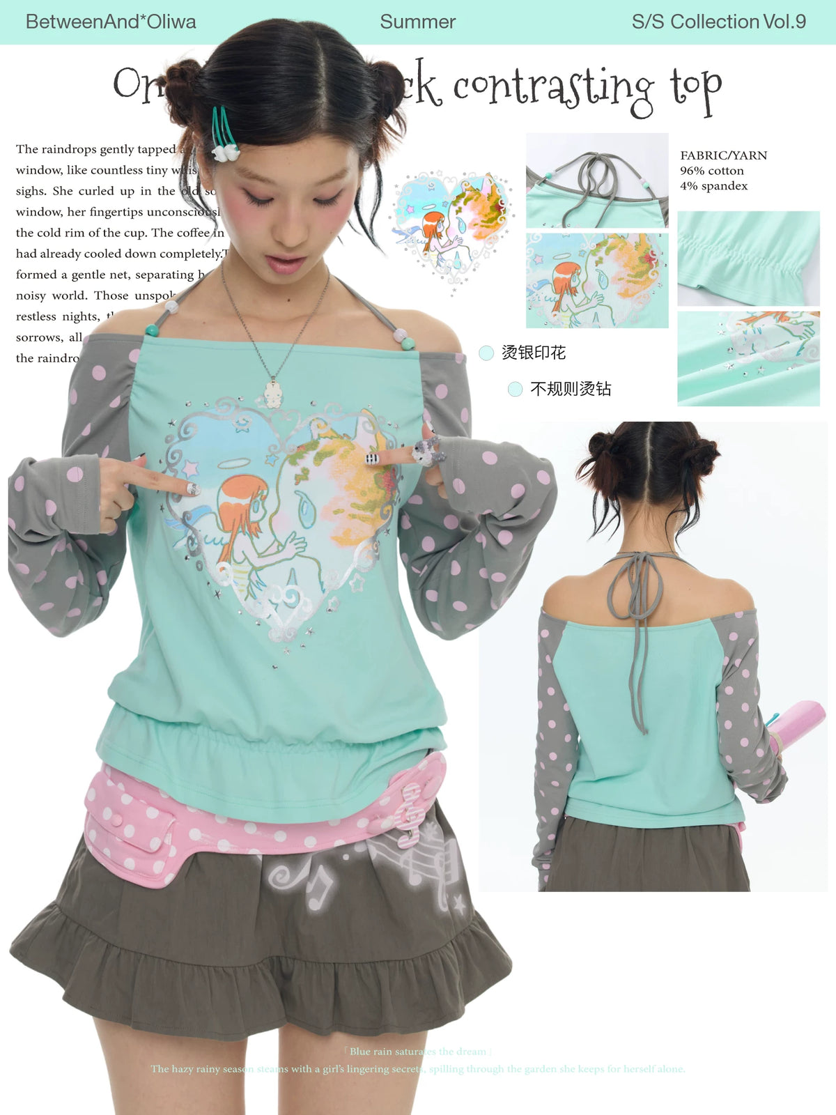 *Oliwa One shoulder neck contrasting mint green polka dot top