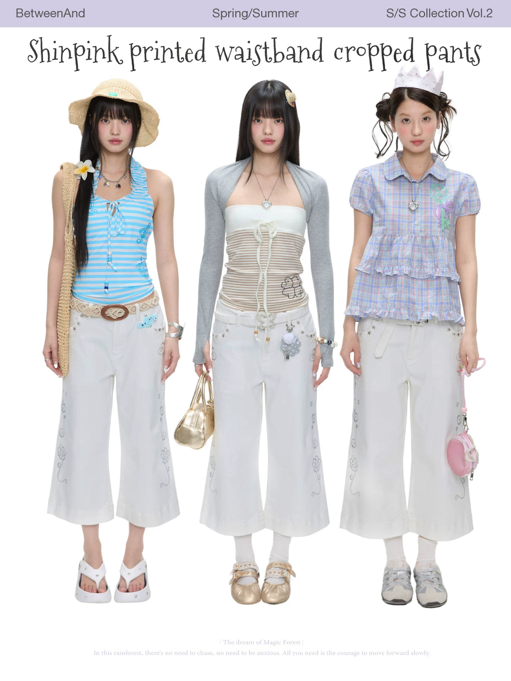 Shinpink printed waistband cropped pants with belt