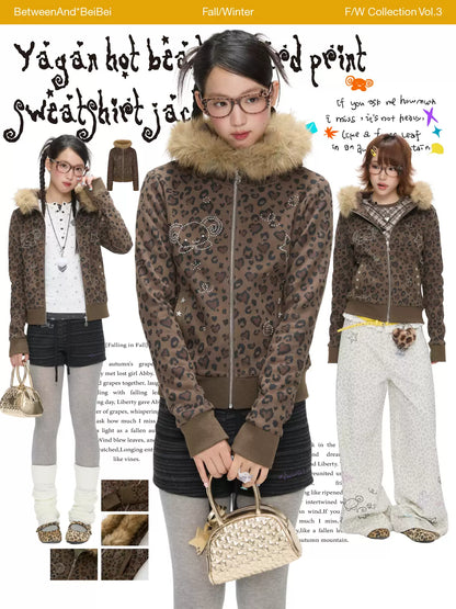 Brown leopard print hoodie with fake fur collar