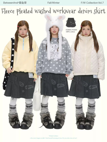 Fleece pleated washed denim skirt