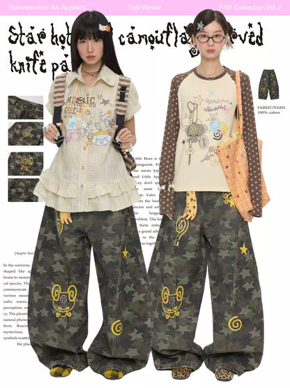 ルーズフィットデザインのカモフラージュスターラインストーンカーゴパンツ