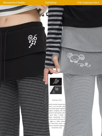 フリルデザインとY2Kスタイルのストライプレイヤードフレアパンツ