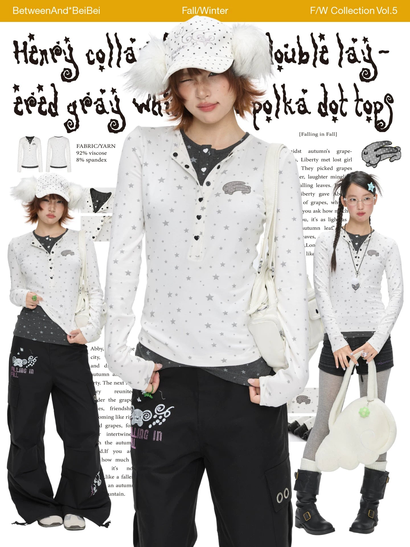 Henry collar fake two piece gray and white star polka dot top