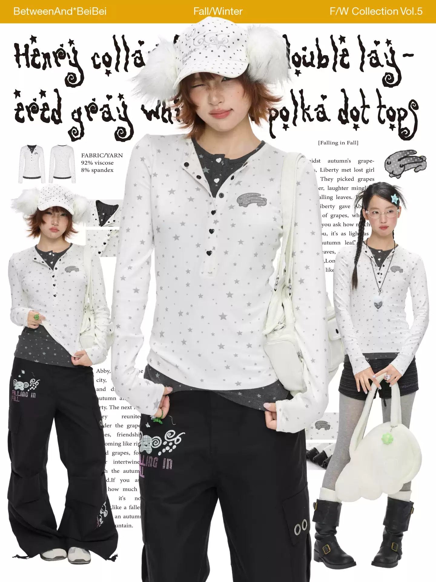 Layered Henley top with grey & white star polka-dot design